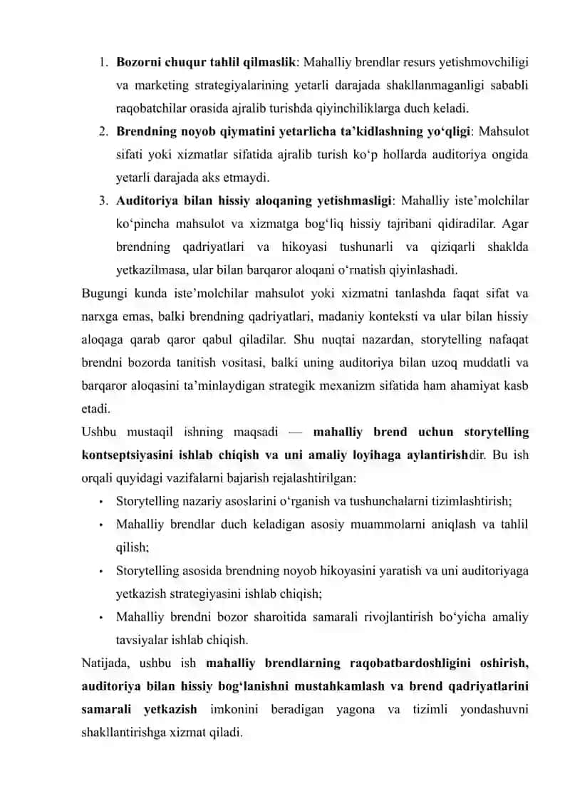 MAHALLIY BREND UCHUN STORYTELLING KONTSEPSIYASINI ISHLAB CHIQISH: AMALIY MASALALAR VA YECHIMLAR 3