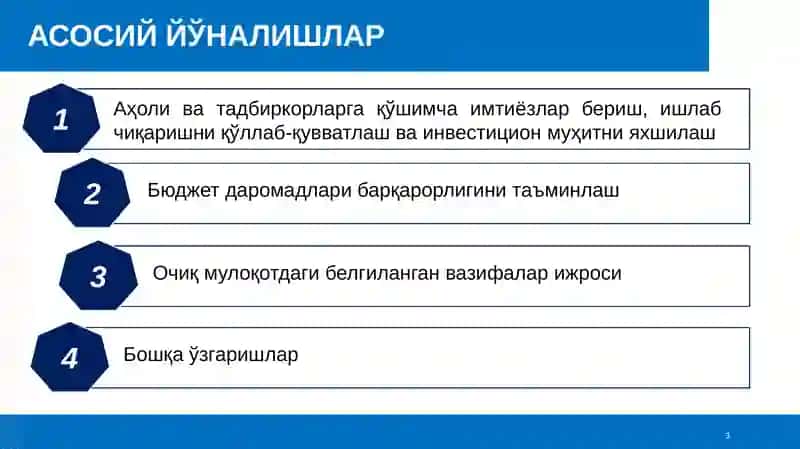 Солиқ ва бюджет сиёсатининг 2025 йилга мўлжалланган асосий йўналишлари 3