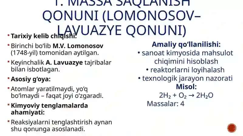 Massaning saqlanish qonuni . massa defekti, tarkibning diomiylik qonuni karali nisbatlar qonuni hajmiy nisbatlar qonnuni ekvivalet qonuni avagadro qonuni 3