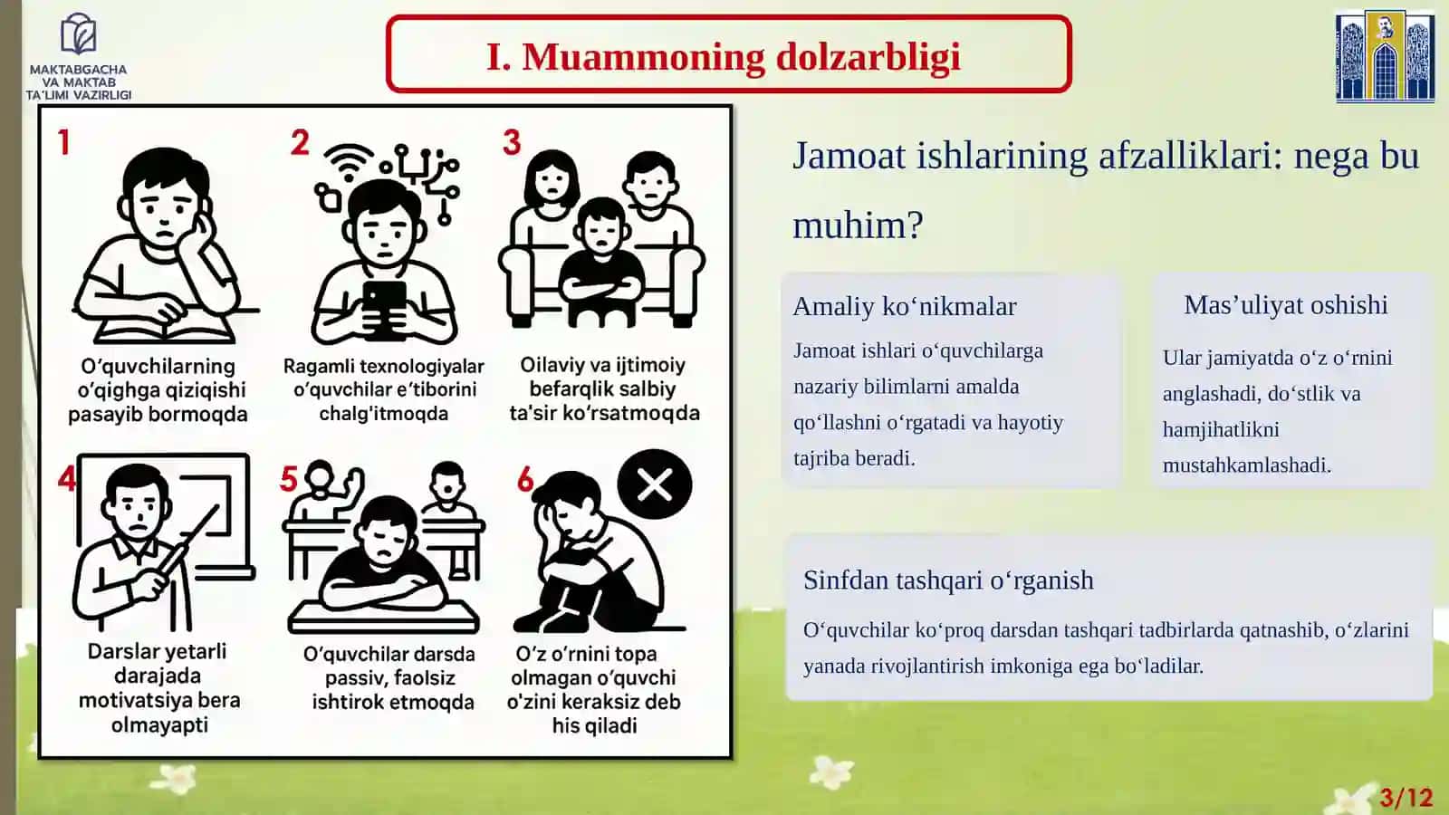“O‘QUVCHILARNI JAMOAT ISHLARIGA JALB QILISH ORQALI O'QISHGA QIZIQISHLARINI OSHIRISH” mavzusidagi amaliy topshirig‘i 3