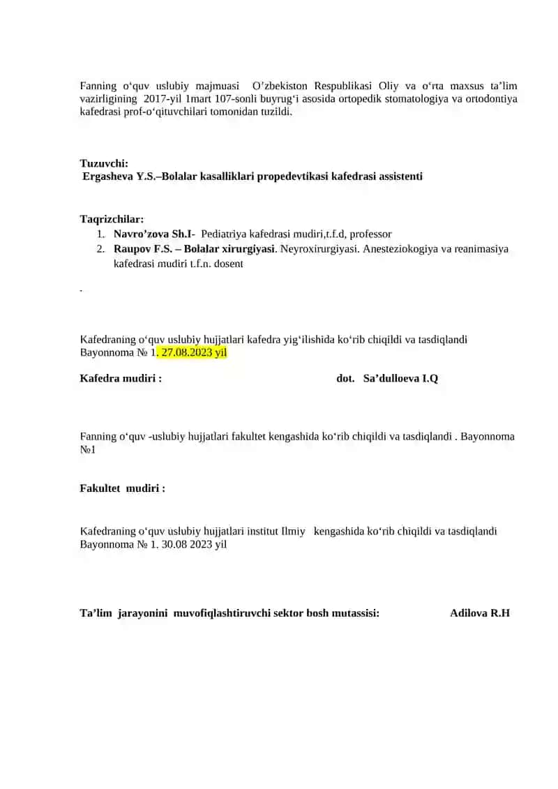 "TIBBIYOT KASBIGA KIRISH" (BEMOR BOLALARNI PARVARISH QILISH) FANIDAN O’QUV-USLUBIY M A J M U A 3
