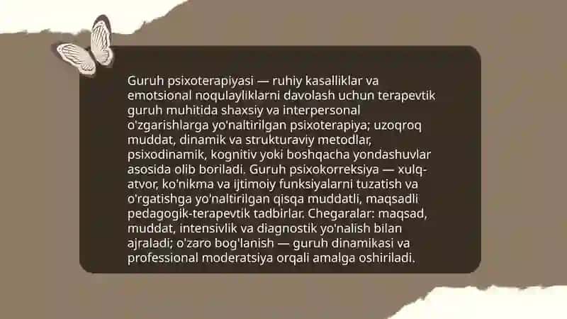 Guruh psixoterapiyasi va guruh psixokorreksiya tushunchalarning oʻzara bogʻliqligi 3