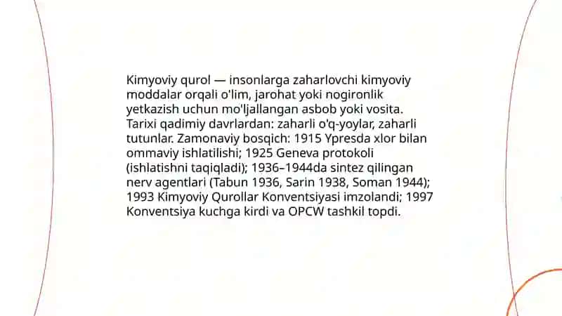 Kimyoviy qurol. Zaharli moddalarning tasnifi. Kimyoviy vaziyatlarni baholash Kurvonaliyeva. S 3