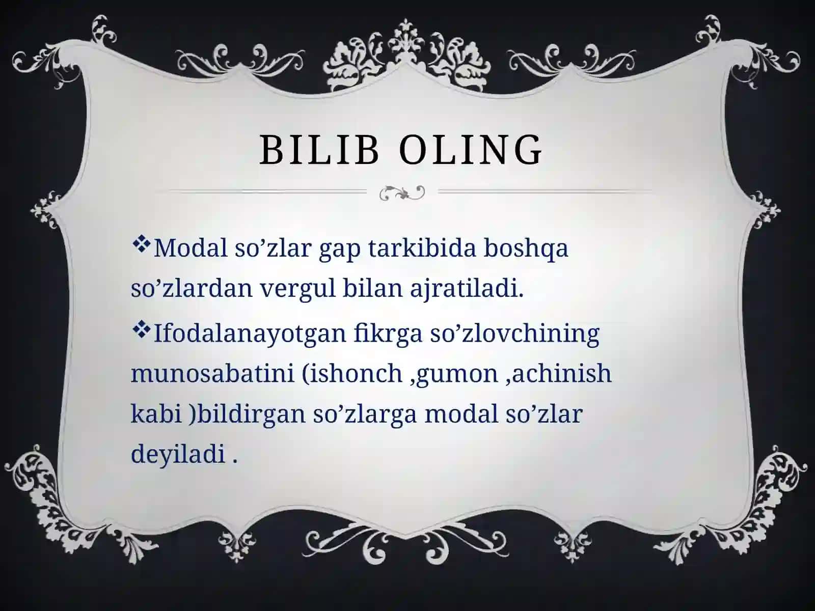 Alohida olingan so'zlar: Modal, taqlid, undov so'zlar 3