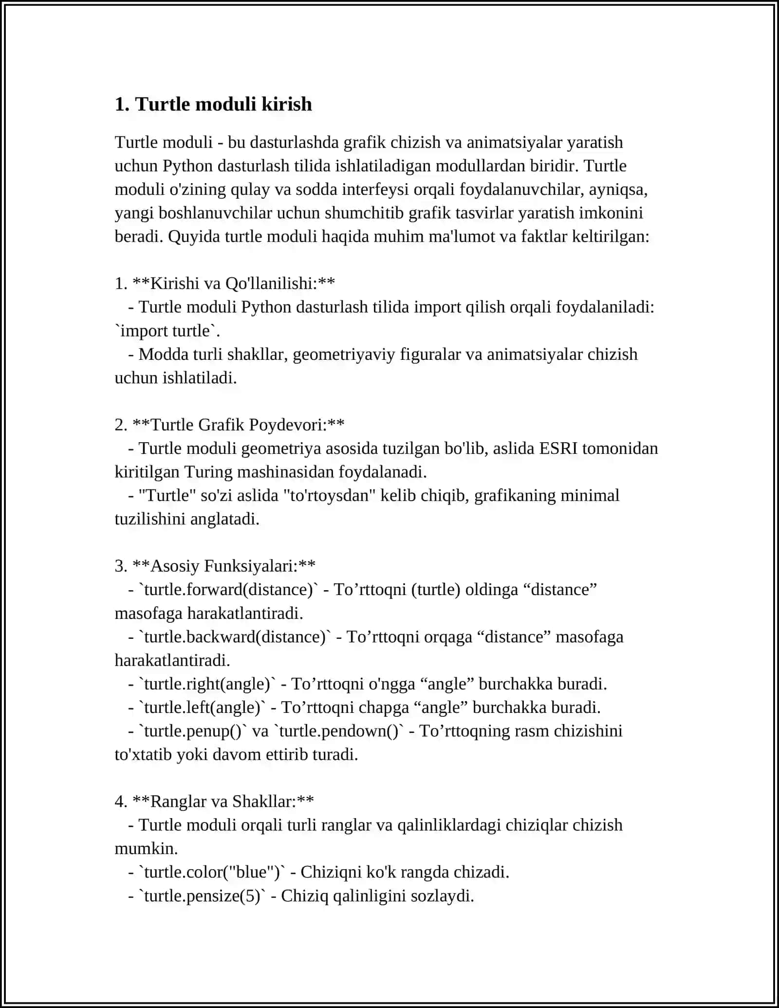 TURTLE MODULI BILAN ISHLASH VA DASTURLAR YOZISH 3