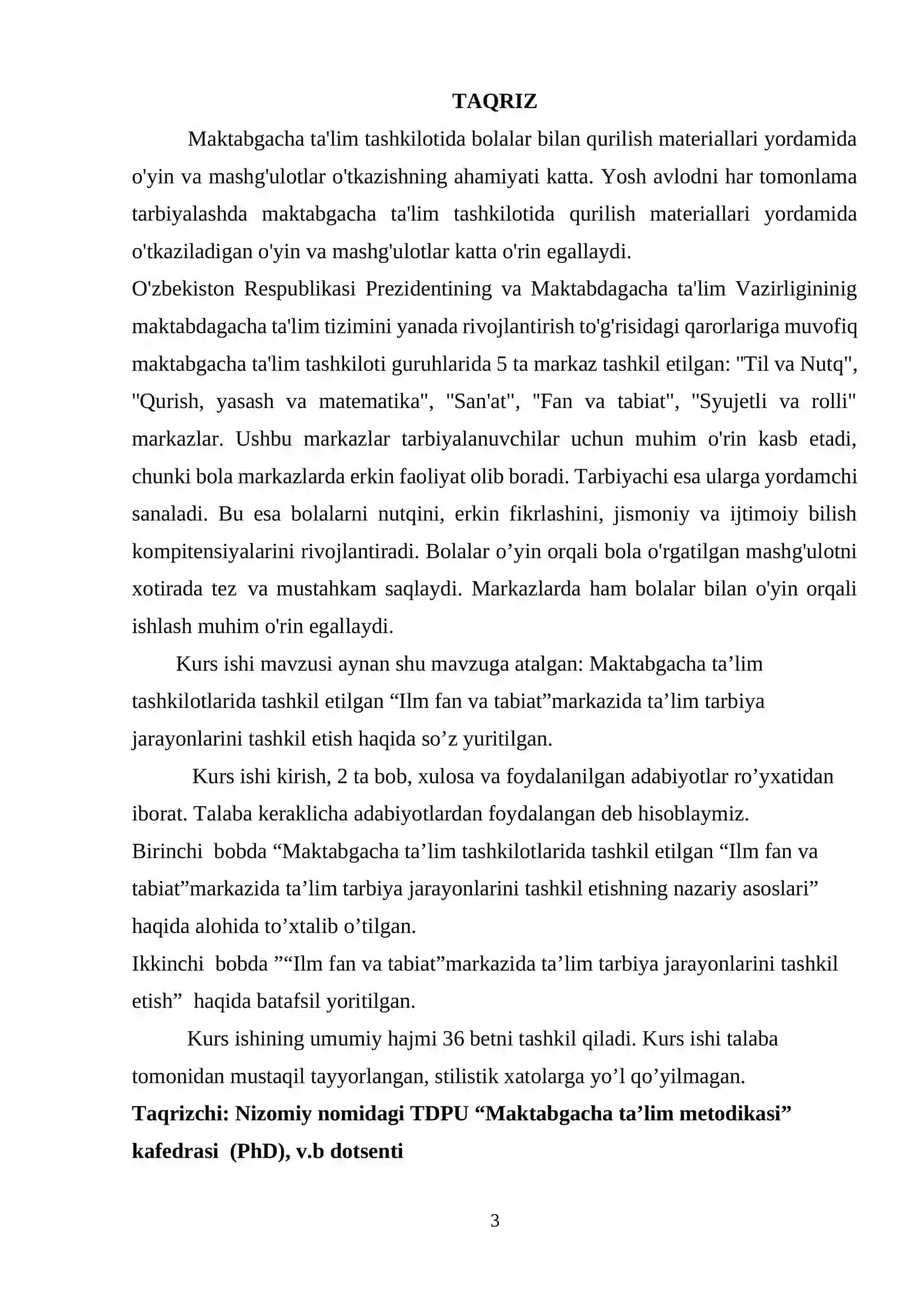 Maktabgacha ta’lim tashkilotlarida tashkil etilgan “Ilm fan va tabiat”markazida ta’lim tarbiya jarayonlarini tashkil etish 3