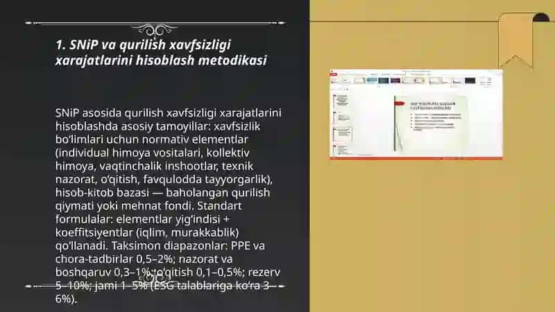 SNiP qoidalari asosida qurilish xavfsizligi xarajatlari: ESG standartlari va dolzarbxalqaro jarayonlar 3