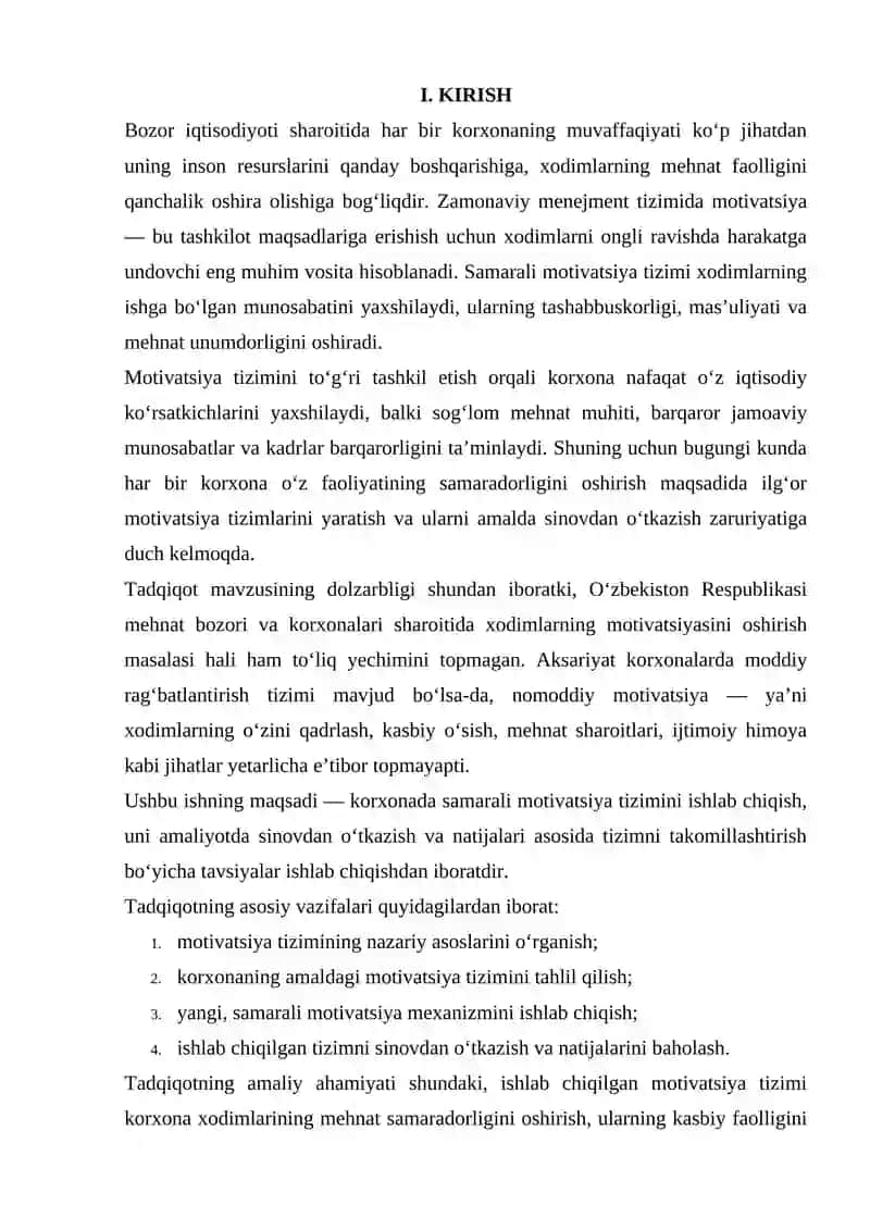 KORXONA UCHUN MOTIVATSIYA TIZIMINI ISHLAB CHIQISH VA SINOVDAN O'TKAZISH 3