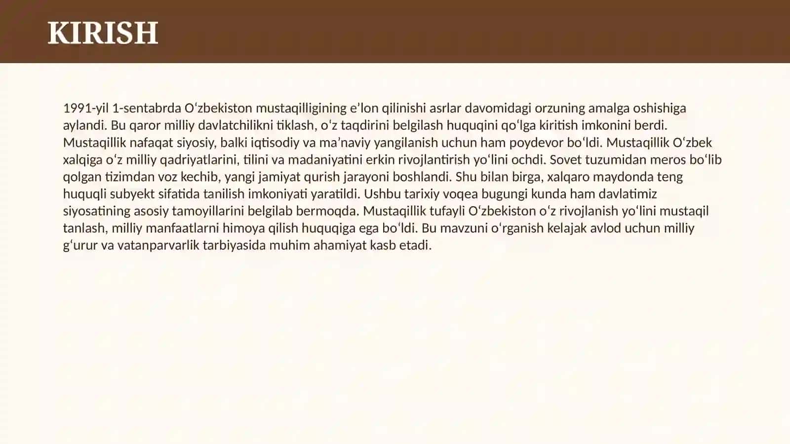 O’ZBEKISTON MUSTAQILLIGINING E’LON QILINISHI VA UNING TARIXIY AHAMIYATI 3