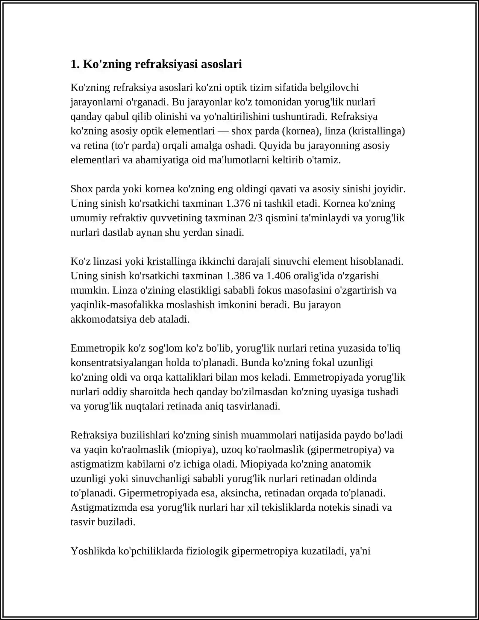 KOZNING REFRAKSIYASI KOZNING FUNKSIYASI VA ISHLASHI KLINIKA DIAGNOSTIKA VA PATOLOGIYASI 3