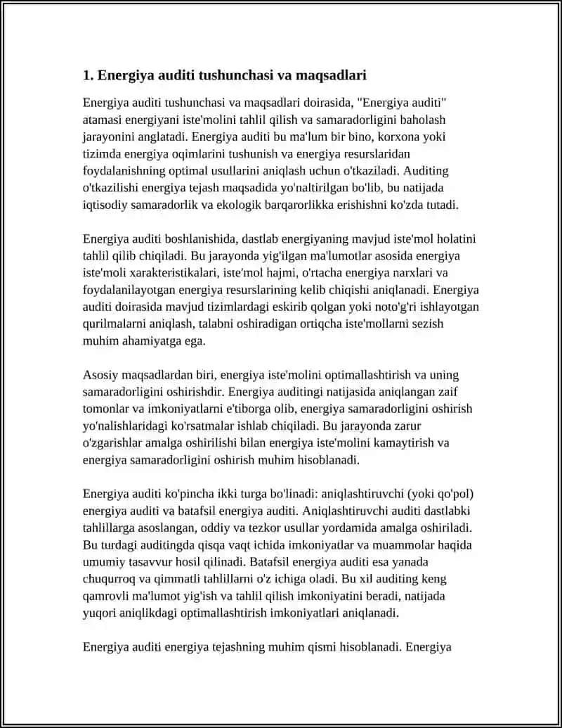 ENERGIYA AUDITI TUSHUNCHASI. ENERGIYA SAMARADORLIGINI OSHIRISH VA ENERGIYA TEJASH BOYICHA KOʻRSATMALAR 3