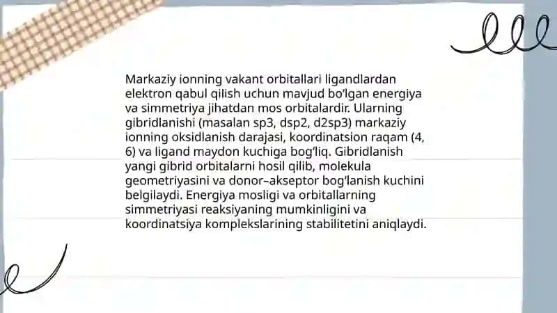 Markaziy ion vakant orbitallarinining gibridlanishi 3