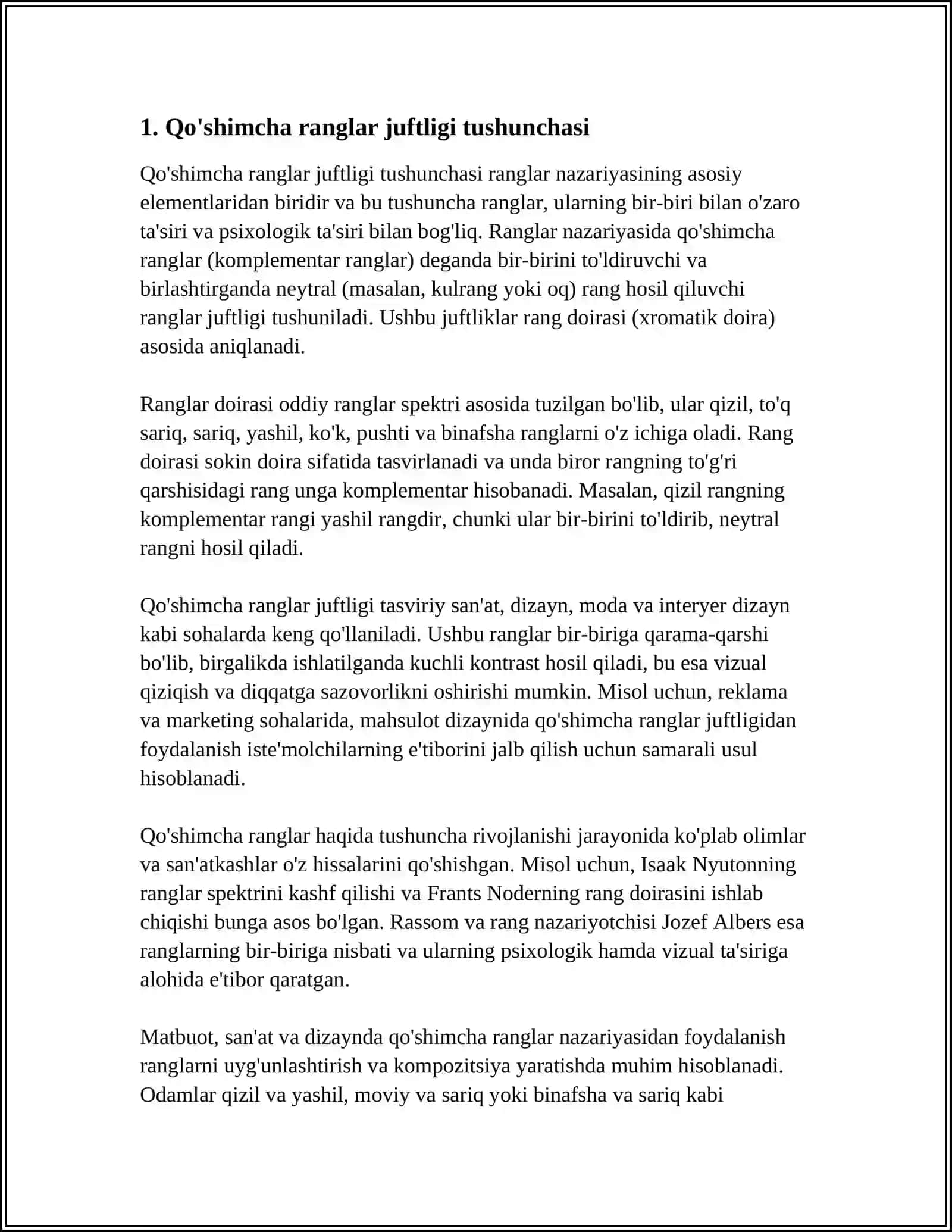 MUSTAQIL ISH Mavzu: QO‘SHIMCHA RANGLAR JUFTLIGINING XUSUSIYATLARINI ANIQLASH 3