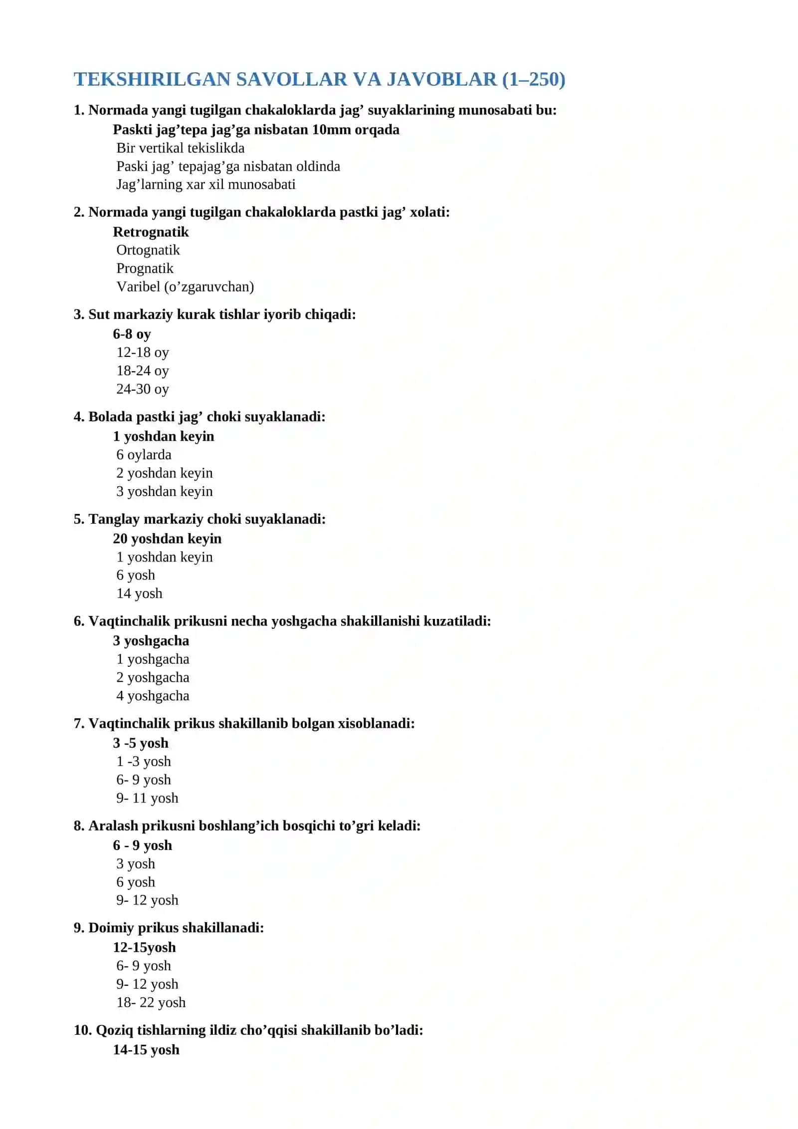 ORTODONTIYA TEST SAVOLLARI 3