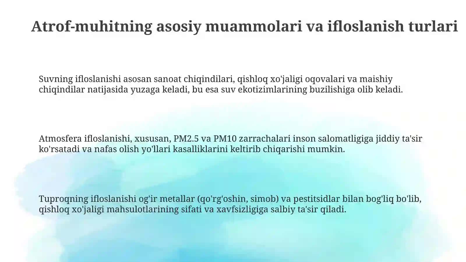 Atrof-muhitni muhofaza qilish va atrof-muhit bilan bog'liq bo'lgan muammolarni tahlil qilish 3