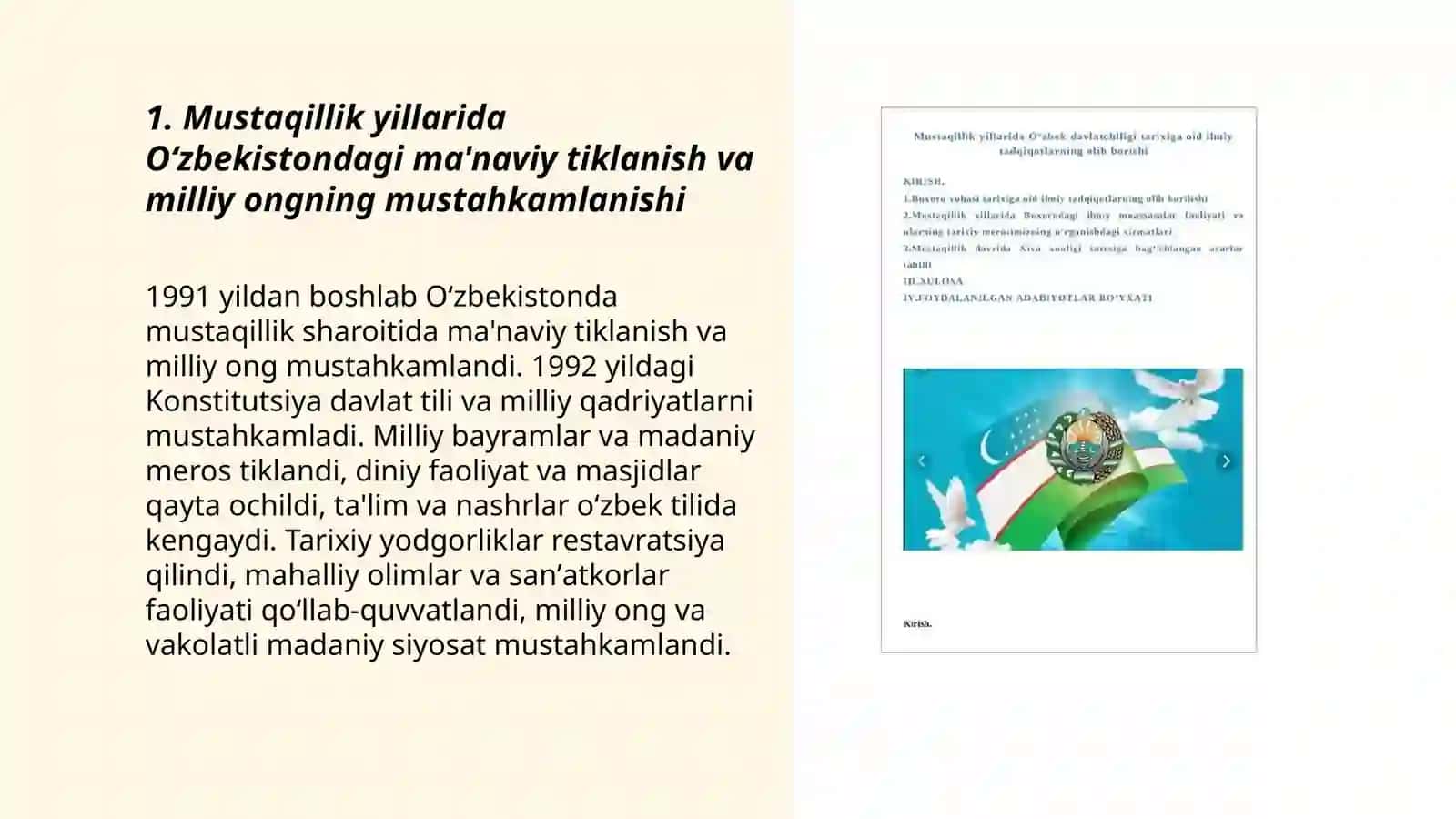 Mustaqillik yillarida Oʻzbekistondagi manaviy vaa madaniy taraqqiyot 3