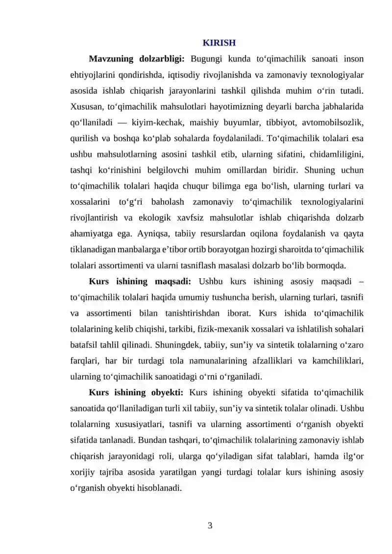 TO'QIMACHILIK TOLALARI HAQIDA UMUMIY TUSHUNCHA. TO'QIMACHILIK TOLALARINING TASNIFI VA ASSORTIMENTI 3