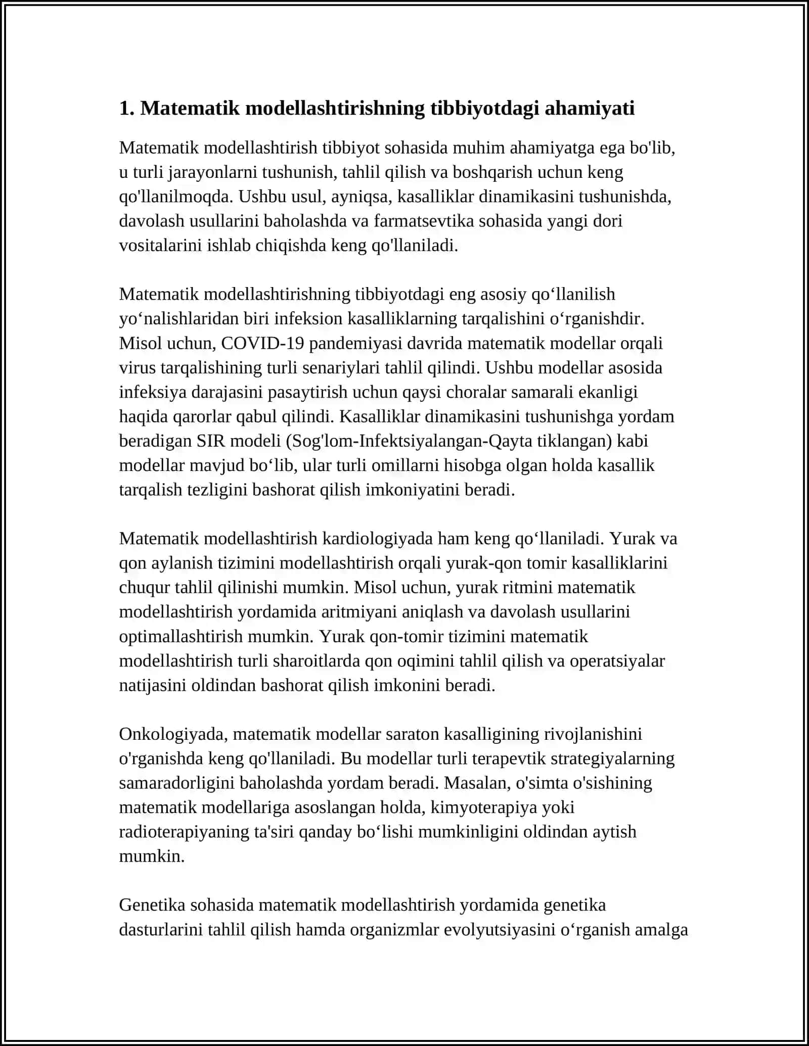 TIBBIYOTDA MATEMATIK MODELLASHTIRISH USLUBLARINI O'RGANISH 3