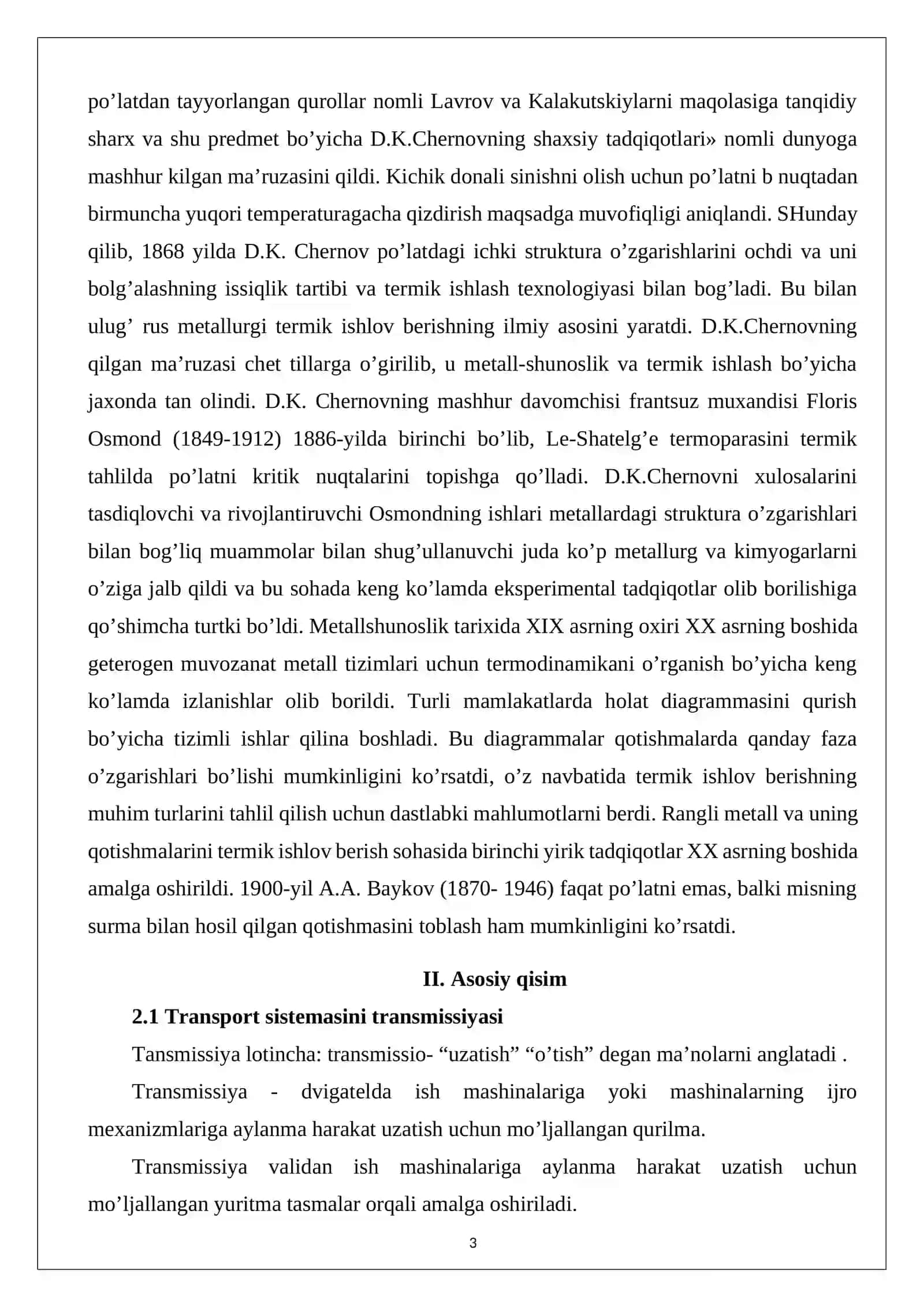: Transport sistemasini transmissiyasini kristovanilari uchun material tanlang va uni termik ishlov berish texnologiyasini ishlab chiqing 3