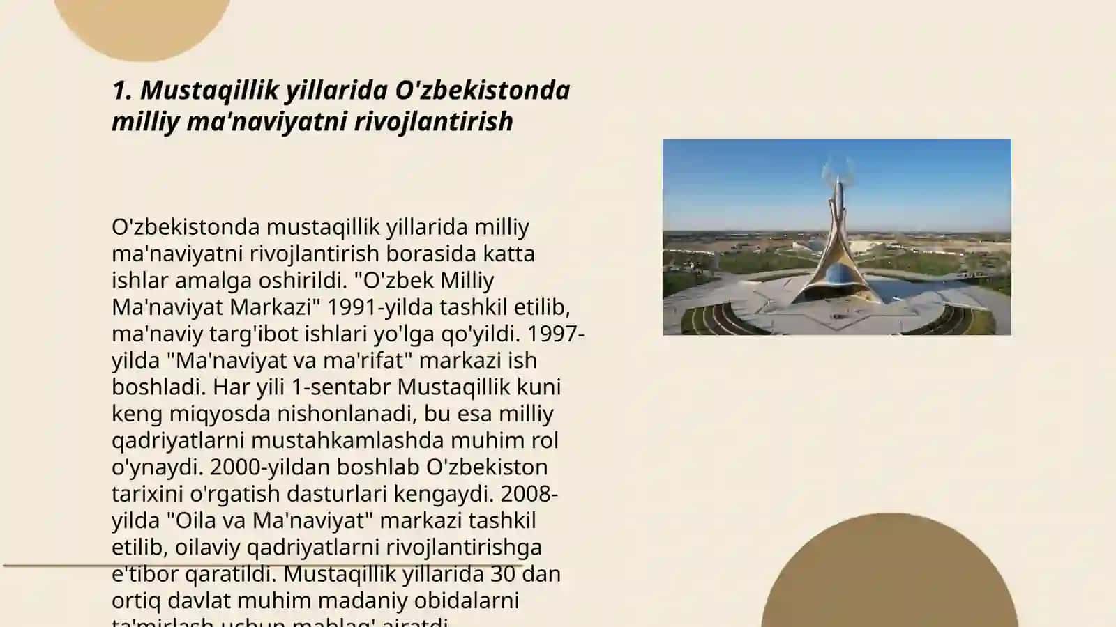 Mustaqillik yillarida O'zbekistondagi ma'naviy va madaniy taraqqiyot 3