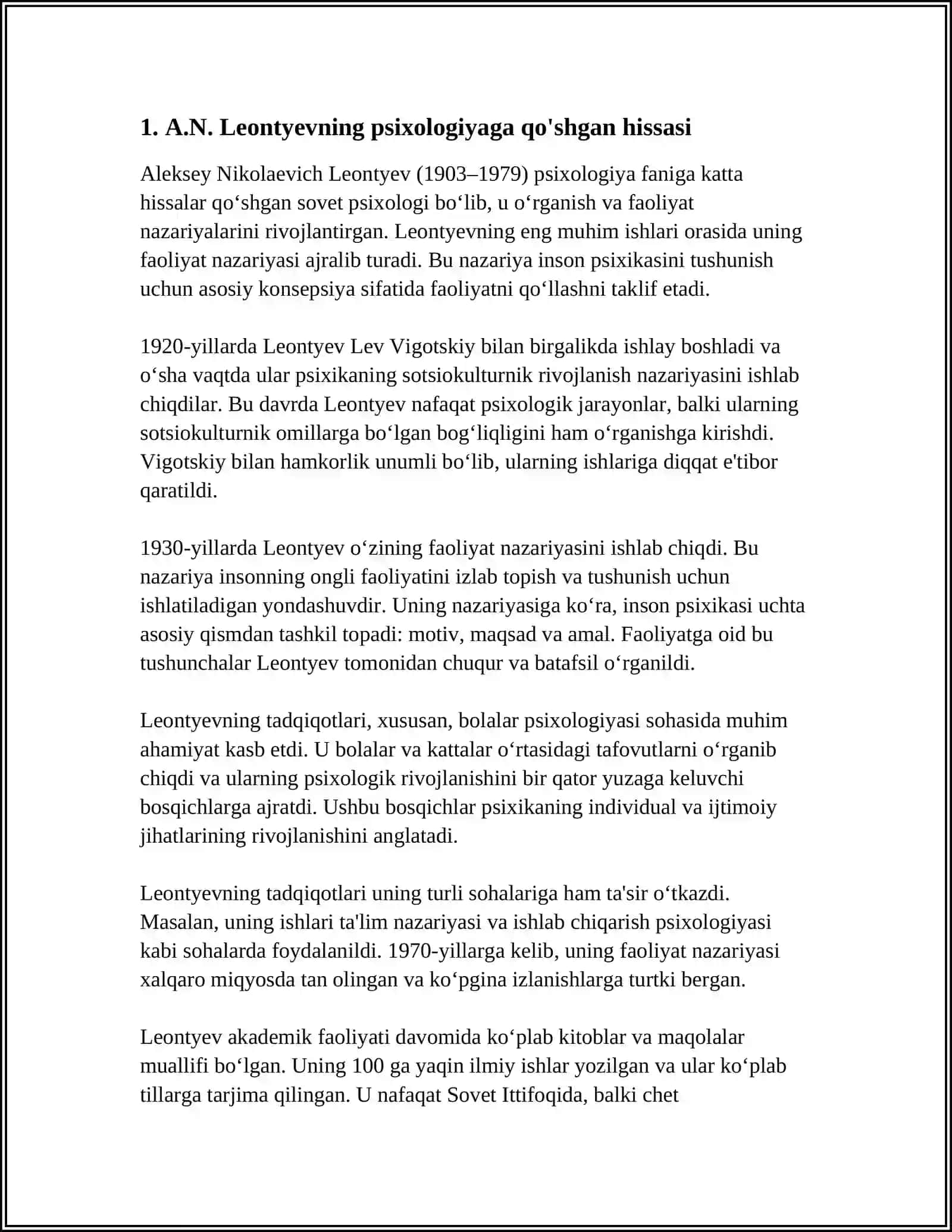 MUSTAQIL ISH Mavzu: A.N.LEONTEVNING KONSEPSIYASIDA EHTIYOJLAR VA MOTIVLAR 3