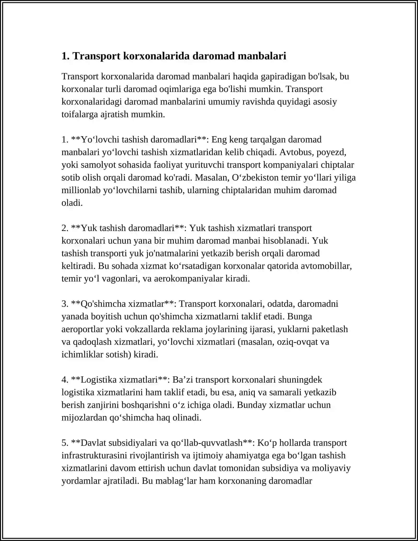 TRANSPORT (TEMIR YÒL, AVTOMOBIL) KORXONALARIDA TASHISHDAN DAROMADLARNING TAHLILI 3