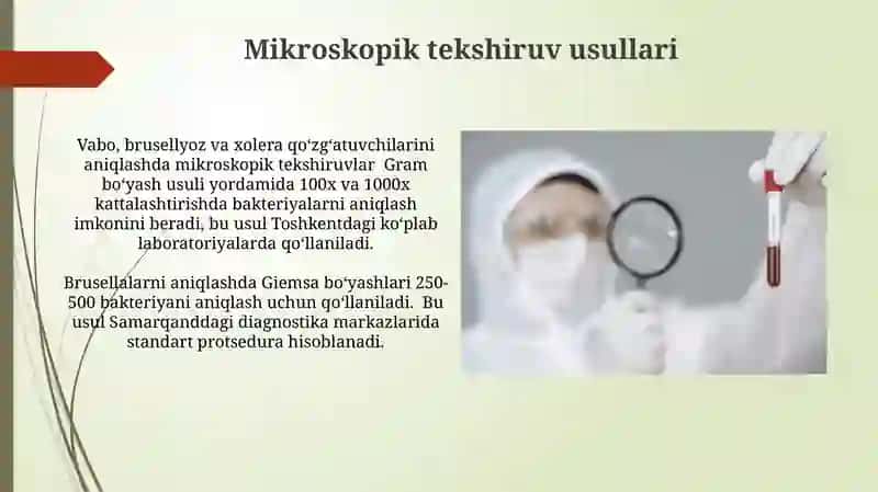 Vabo, Brusellyoz va Vaxaning qoʻzgʻatuvchilarini laboratoriya diagnostikasi 3