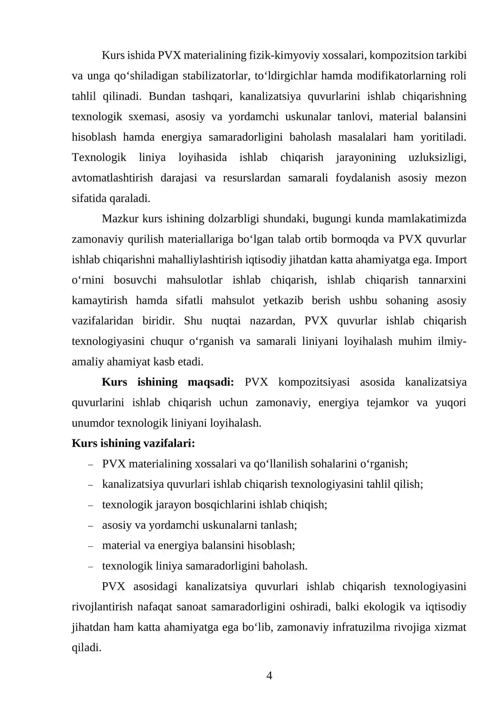 PVX kompozitsiyasi asosida kanalizatsiya quvurlari ishlab chiqaradigan texnologik liniyasini loyihalash. Q=420 kg/soat. 3