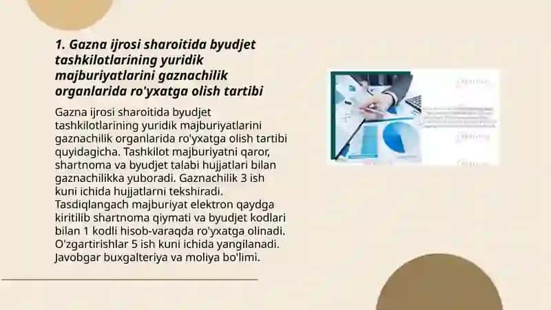Gazna ijrosi sharoitida byudjet tashkilotlarining yuridik va moliyaviy majburiyatlarini gaznachilik organlarida royxatdan otkazish 3