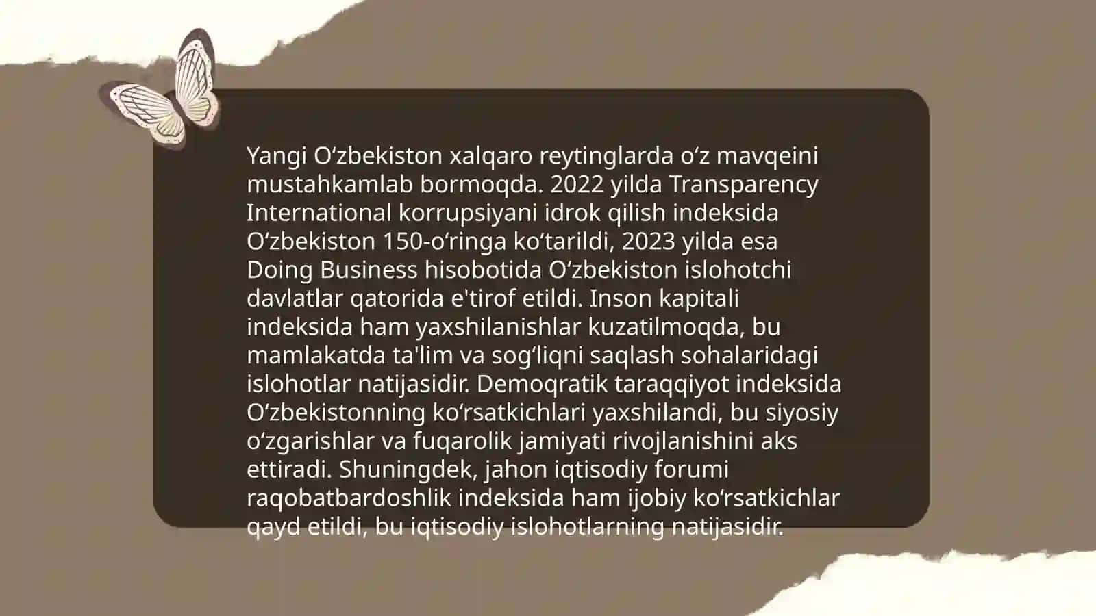 Yangi O‘zbekiston ijtimoiy-siyosiy, iqtisodiy va madaniy hayotida roʻy berayotgan oʻzgarishlarning xalqaro reyting va indekslarda aks etishi 3