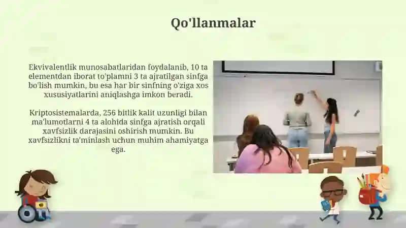 Ekvivalentlik munosabatining toʼplamlarni sinflarga ajratish bilan aloqasi 3