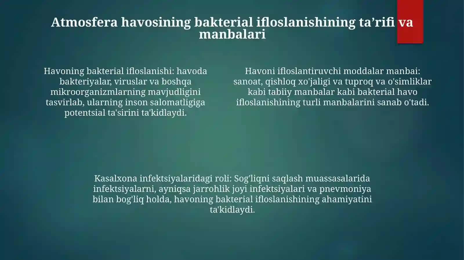 Kasalxona Ichi Infeksiyalarining Kelib Chiqishi Uchun HavoningBakterialIfloslanganligining 3