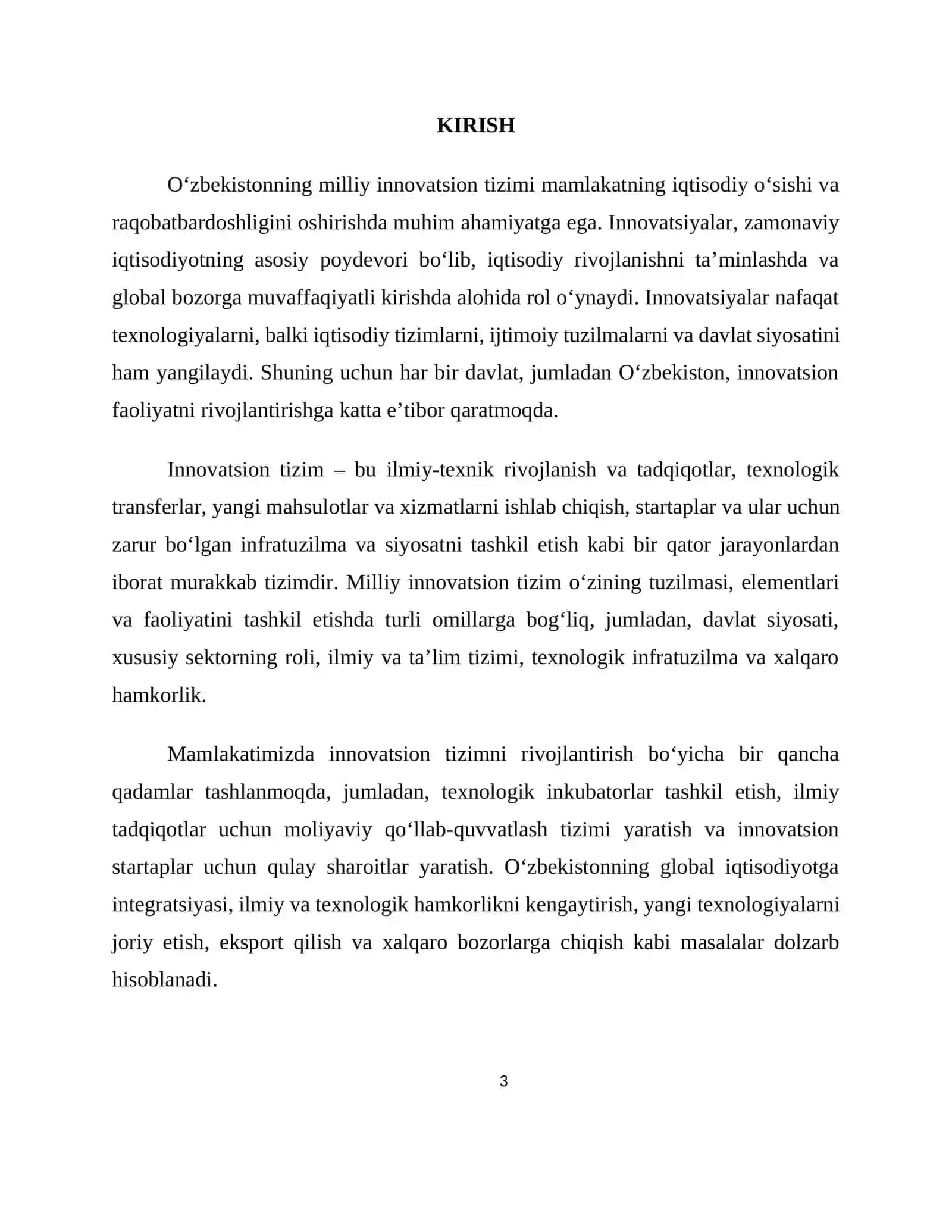 "O'ZBEKISTONNING MILLIY INNOVATSION TIZIMI VA UNING SHAKLLANISHI" KURS ISHI 3