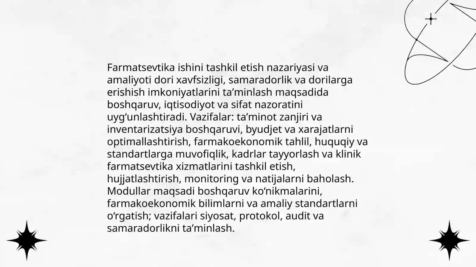 Farmatsevtika ishini tashkil qilish farmasevtikada boshqaruv farmasevtik iqtisodiyot modullari maqsad va vazifalari 3