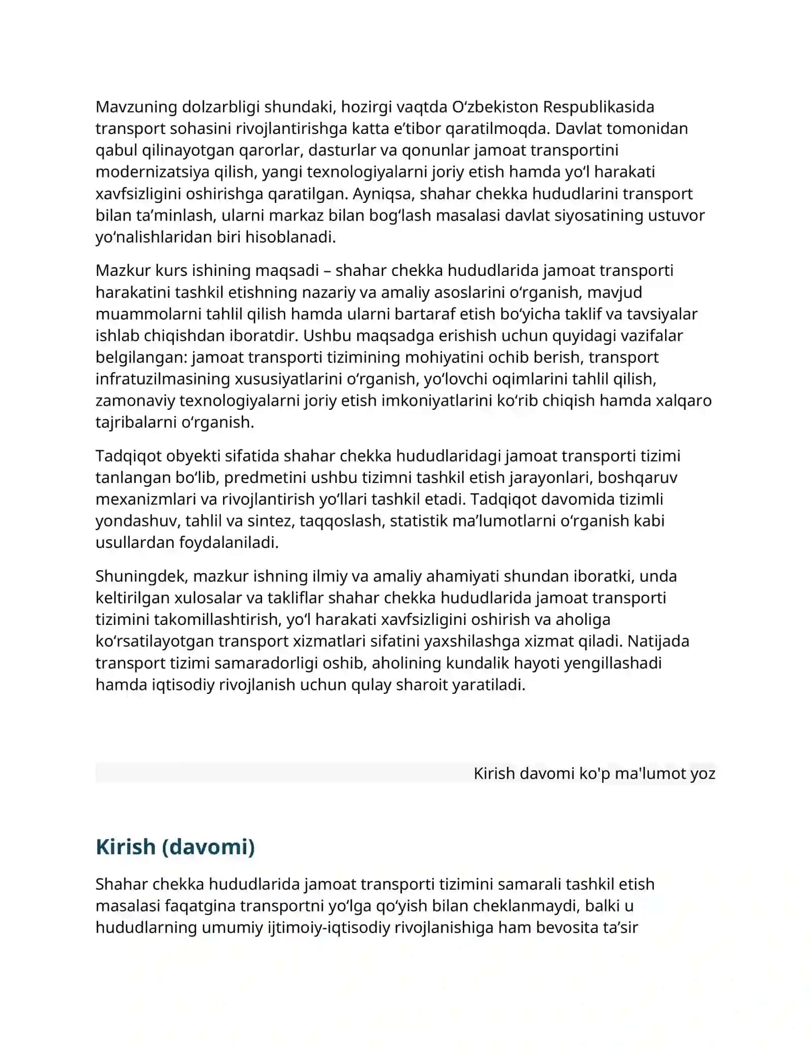 Shahar chekka hududlarida jamoat transporti harakatini tashkil etish 3