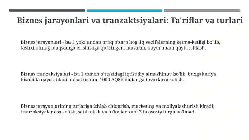 Biznes jarayonlari va tranzaksiyalari: Ta'riflar va turlari 3