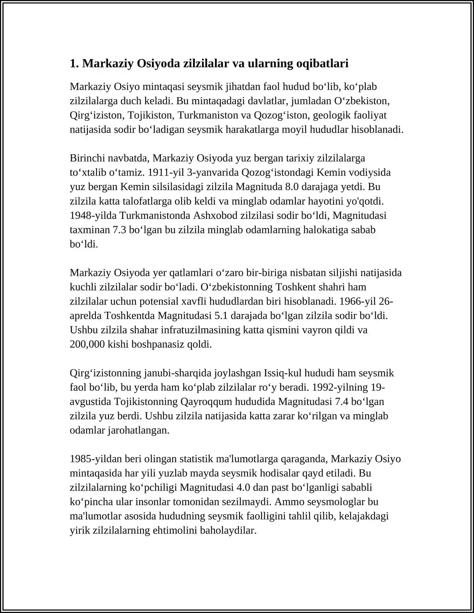 MARKAZIY OSIYODA KUZATILGAN VA KUZATILAYOTGAN TABIIY OFATLAR HAQIDA 2 TA MUSTAQIL ISH 3