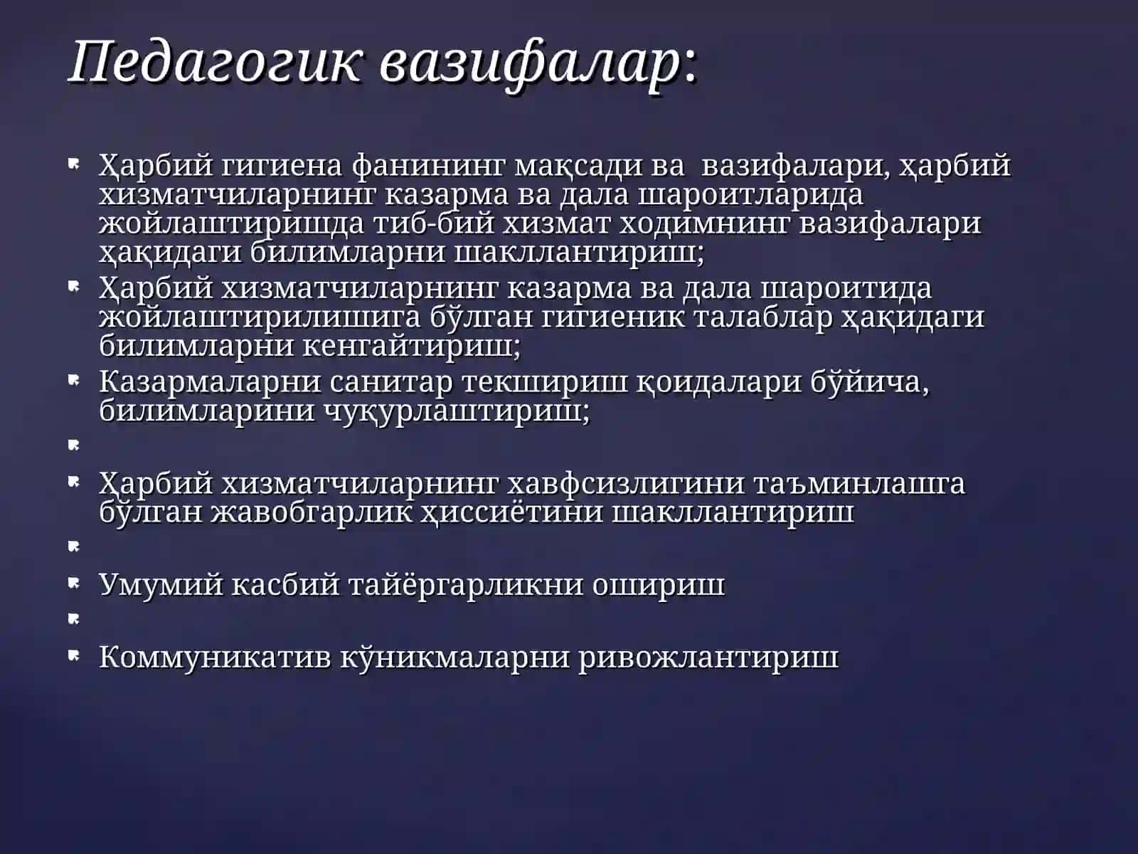 Қисм жангчиларини казарма ва дала шароитида жойлаштирилишини санитар гигиеник назорати 3
