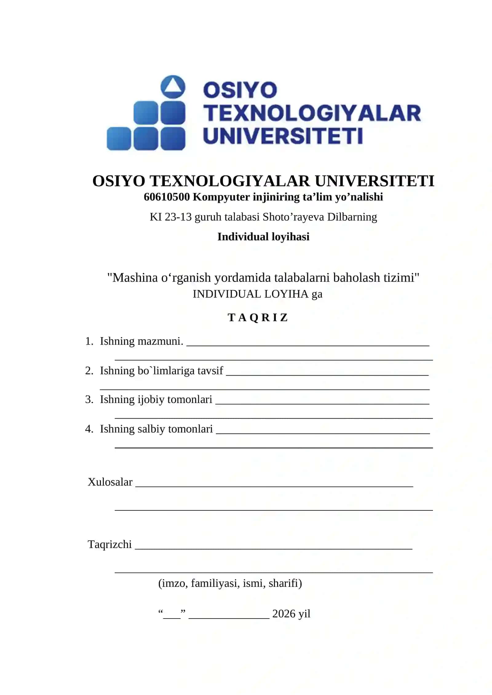 Mashina oʻrganish yordamida talabalarni baholash tizimi 3