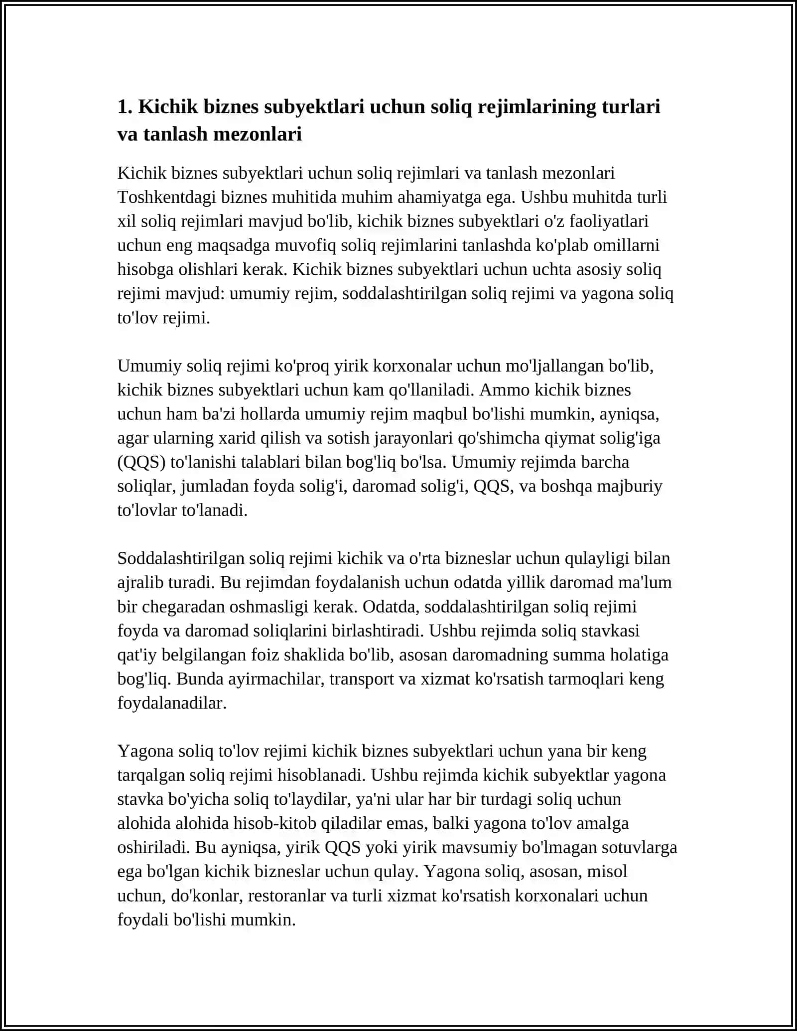 Kichik biznes subyektlari uchun soliqqa tortishning o'zig xos xususiyatlar 3