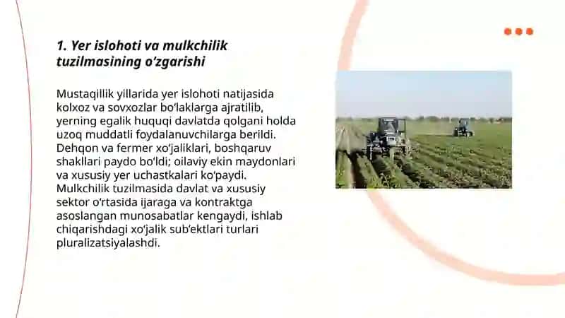 Mustaqillik yillarida qishloq xójaligi va sanoat sohasidagi ózgarishlar 3