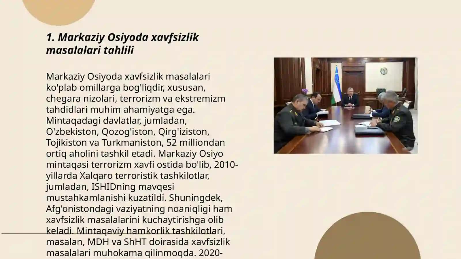 Markaziy Osiyoda xavfsizlik masalalari, terrorizm,giyohvandlik va odam savdosiga qarshi kurashda Oʻzbekiston respublikasining roli 3