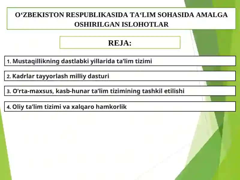 O‘ZBEKISTON RESPUBLIKASIDA TAʻLIM SOHASIDA AMALGA OSHIRILGAN ISLOHOTLA 3