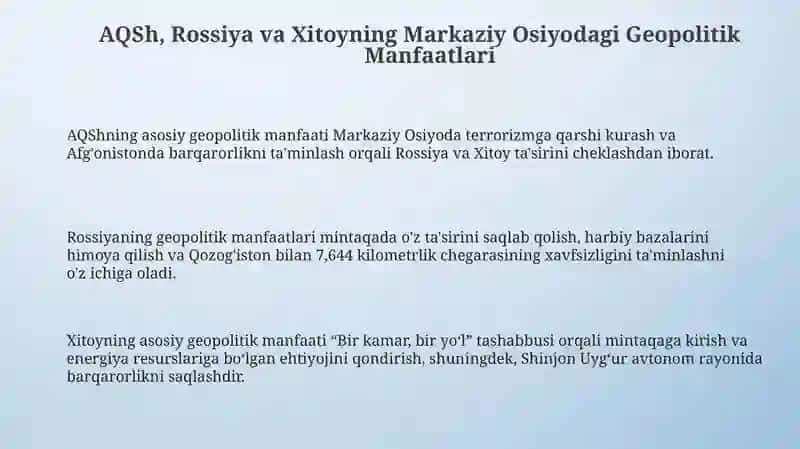 AQSh, Rossiya va Xitoyning Markaziy Osiyodagi Geopolitik Manfaatlari 3