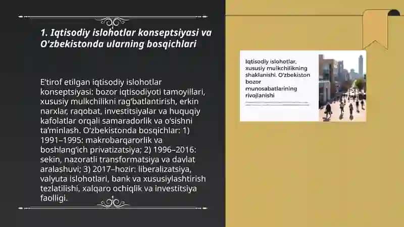 Iqtisodiy islohotlar, xususiy mulkchilikning shakllanishi. O'zbekistonda bozor munosabatlarining rivojlanishi 3