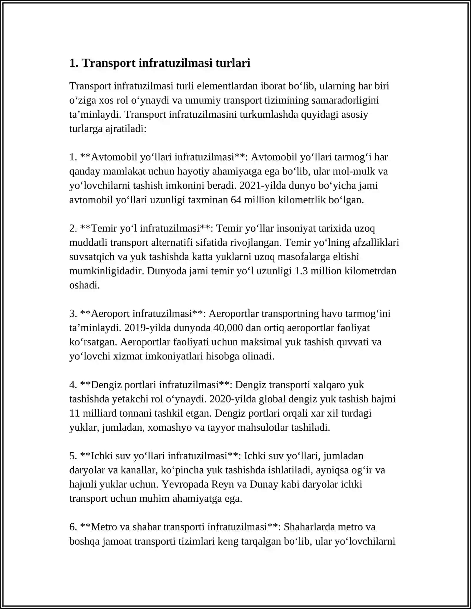 TRANSPORT INFRATZILMASI BILAN BOG'LIQ ASOSIY TUSHUNCHALAR. TIZIMINI 3