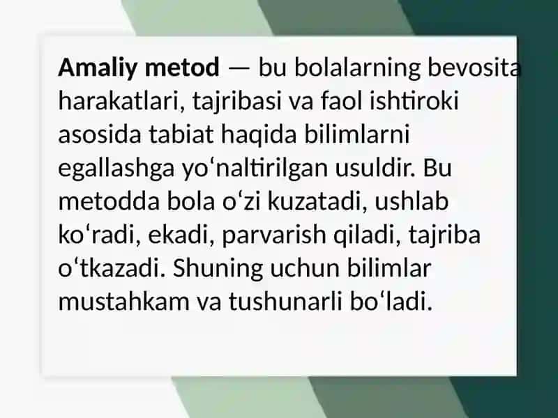 Maktabgacha yoshdagi bolalarni tabiat bilan tanishtirishning amaliy metodi 3