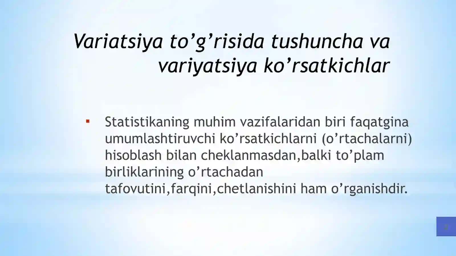 Statistikada variatsiyani baholash usullari va dispersion tahlil asoslari 3
