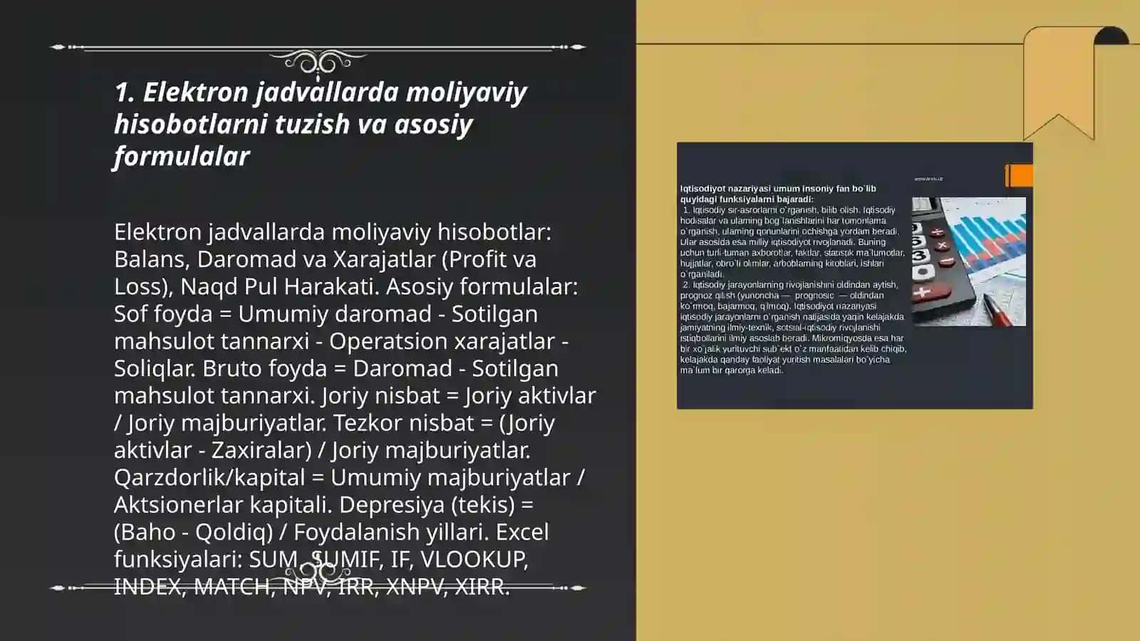 Iqtisodiyot va moliya sohasidagi amaliy vazifalarni yechish uchun elektron jadvallardan foydalanish 3