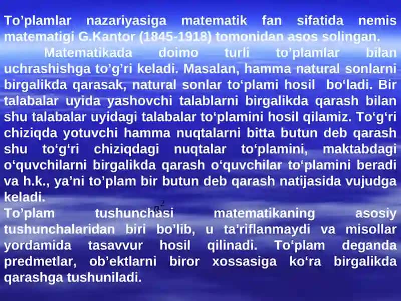 To’plamlar.  To’plamlar nazariyasiningi asosiy tushunchalari. To’plamlar ustida amallar. Asosiy ayniyatlar 3